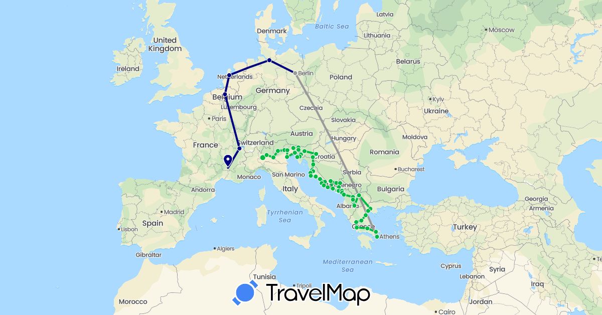 TravelMap itinerary: driving, bus, plane in Albania, Bosnia and Herzegovina, Belgium, Switzerland, Germany, France, Greece, Croatia, Italy, Montenegro, Macedonia, Netherlands, Slovenia (Europe)